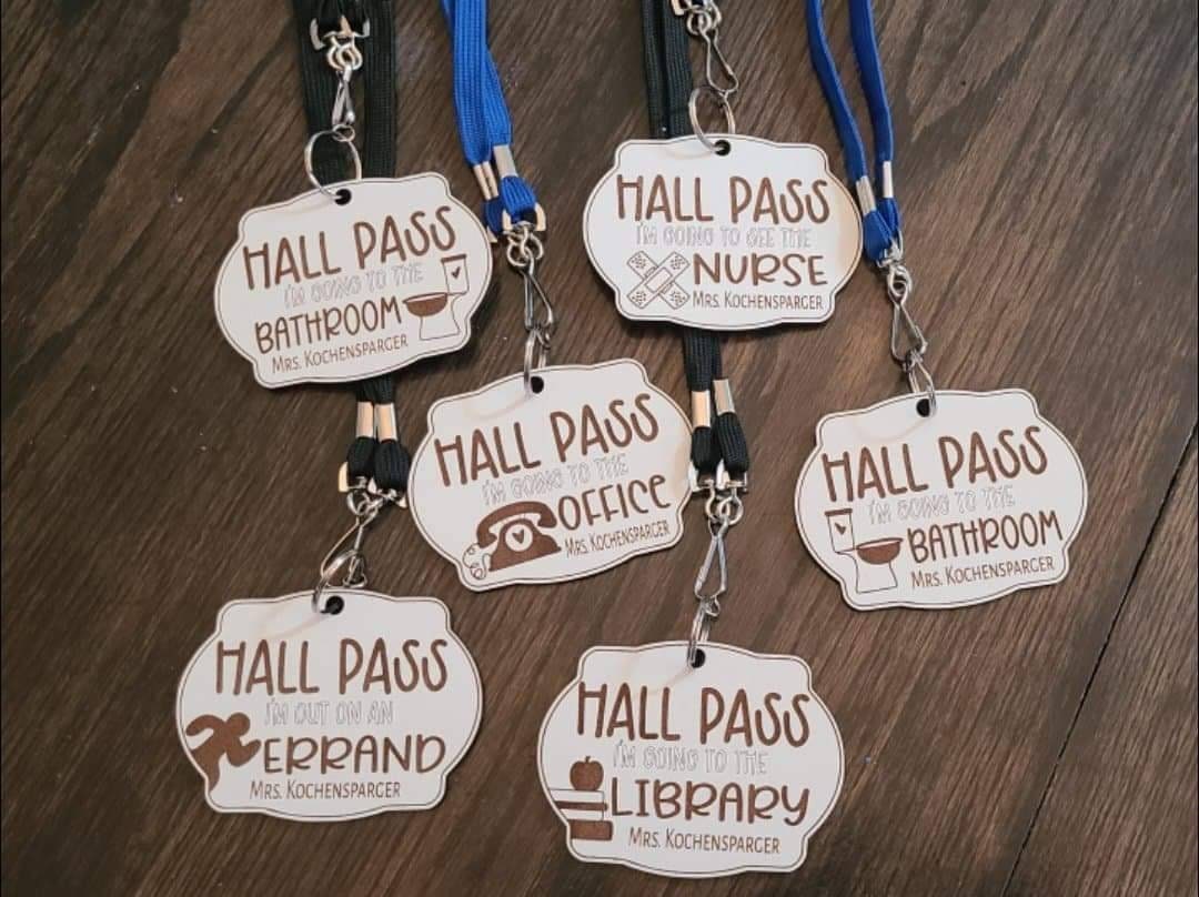 Engraved Hall Pass Set: Bathroom, Library, Nurse, Office, Errand