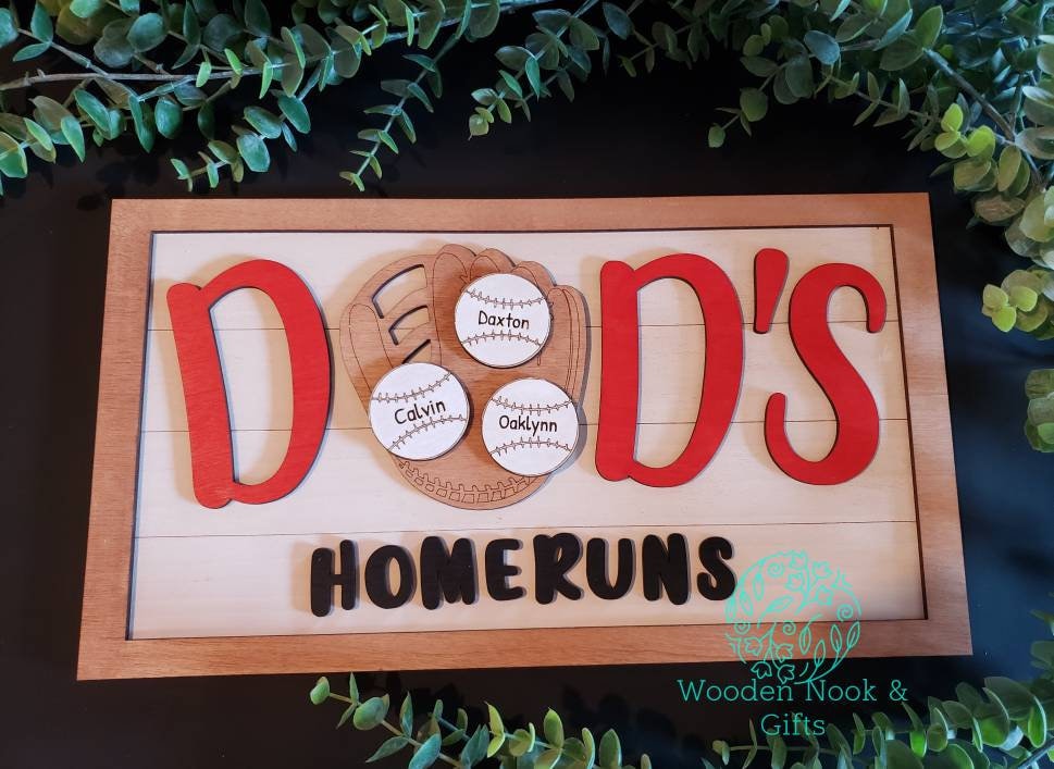 Personalized Baseball Sign - Personalized Softball Sign - Dad's Homeruns with Custom Names - Mom's Homeruns with Custom Names