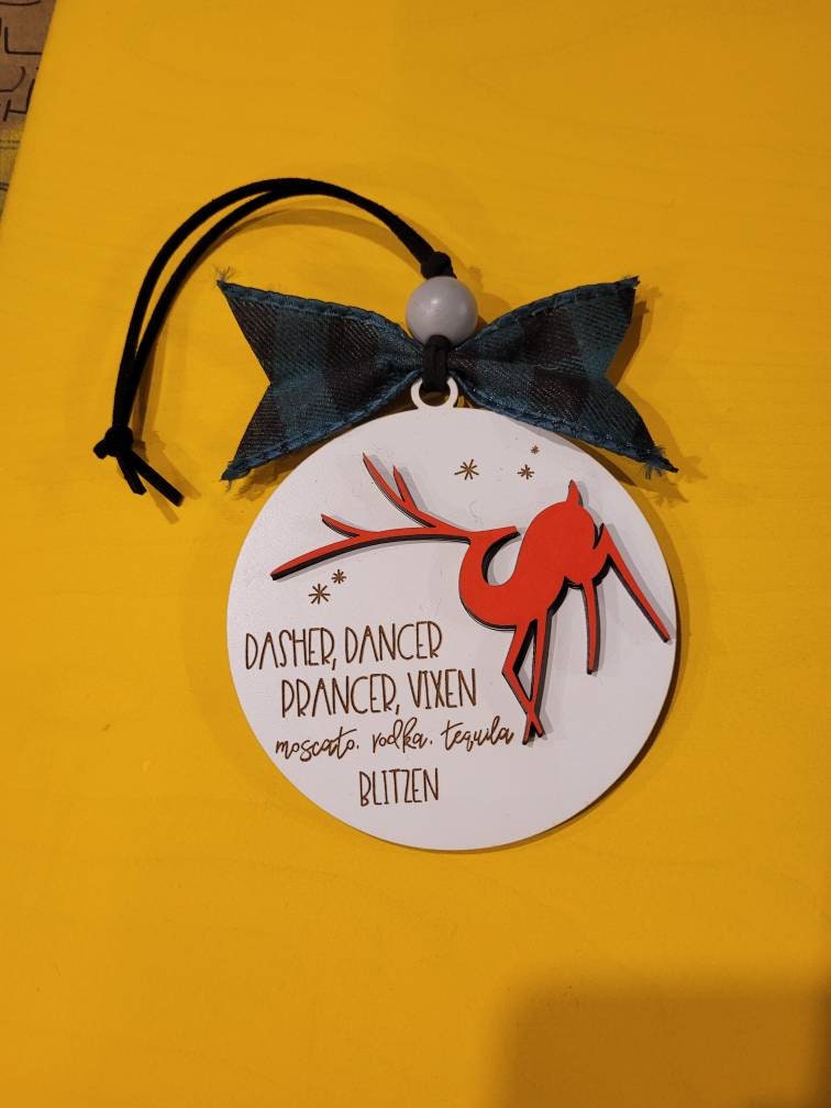 Reindeer Drinking Ornament "Dasher, Dancer, Moscato..."