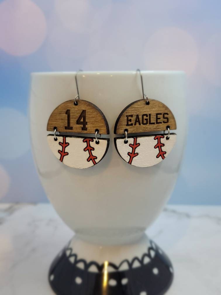 Personalized Baseball Earrings - Custom Baseball Half-Ball Earrings - Team Name/Number - Sporty Jewelry
