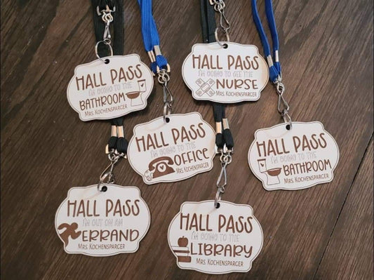 Engraved Hall Pass Set: Bathroom, Library, Nurse, Office, Errand
