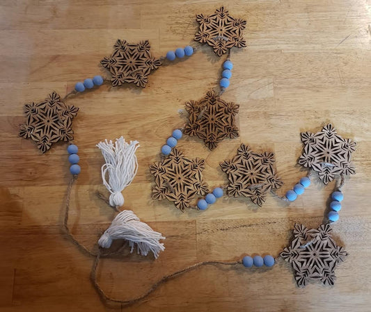 Handmade Wooden Snowflake Garland, Rustic Farmhouse Winter Decor, Natural Wood & Blue Bead Holiday Garland, Scandinavian Style, Mantle Decor