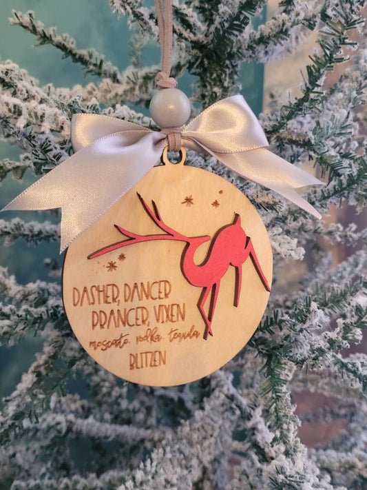 Reindeer Drinking Ornament "Dasher, Dancer, Moscato..."
