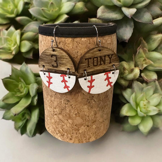 Personalized Baseball Earrings - Custom Baseball Half-Ball Earrings - Team Name/Number - Sporty Jewelry